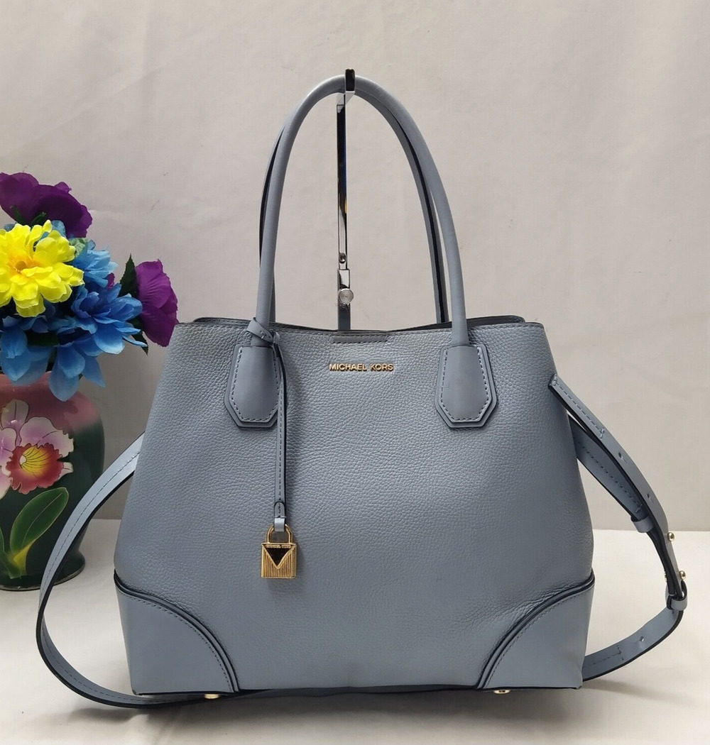 Michael Kors Mercer Blue Leather Double Handles Satchel Shoulder Bag